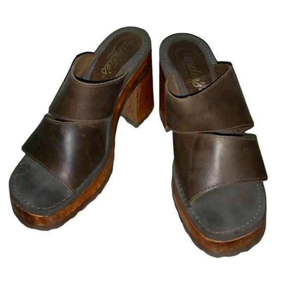 CANDIES Dark Brown Leather Platform Chunky Wooden Slide In Heels Size 6 - Picture 1 of 6